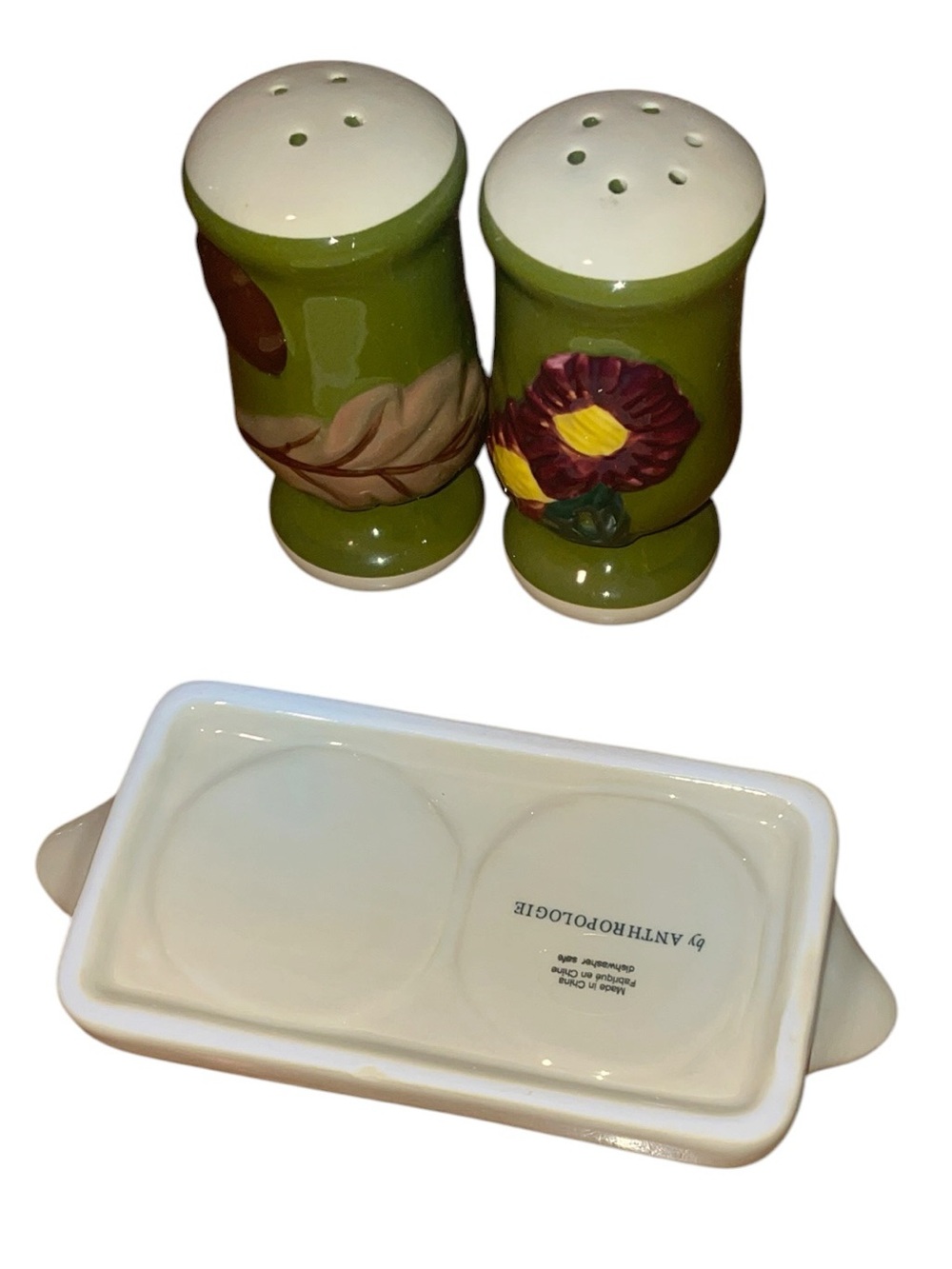 Anthropologie The Faye Icon Stoneware Salt & Pepper Shaker Set Green Floral NWT - Picture 5 of 8